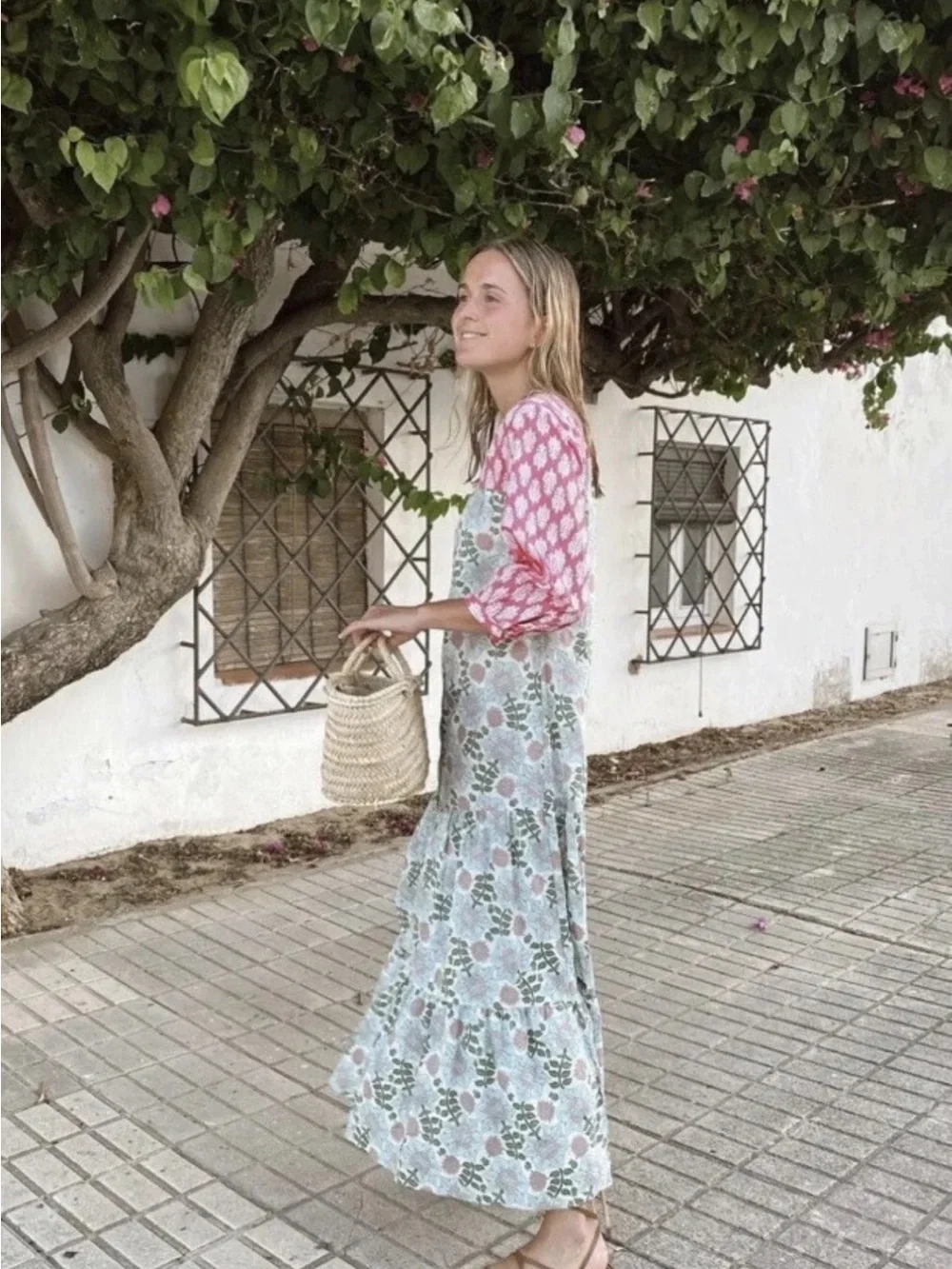 Zara Block Printed Floral Pink Ecru Midi Dress M